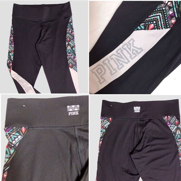 PINK Victoria's Secret 2 Pairs Black Aztec Athletic Workout Leggings Medium - Picture 4 of 15